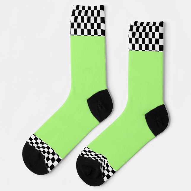 Black + White Check Trim Bright Green   Socks (Left)
