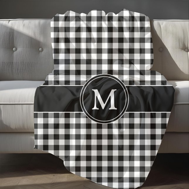 Black White Checked Buffalo Plaid Pattern Monogram Fleece Blanket (Black White Checked Buffalo Plaid Pattern Monogram Fleece Blanket)