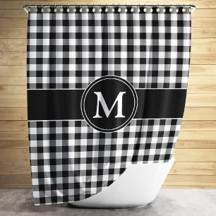 Black & White Checked Pattern Monogram Personalise Shower Curtain