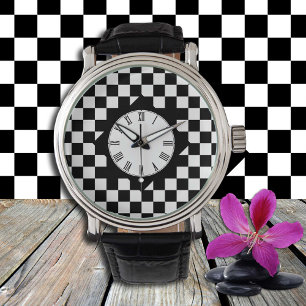 Black & White Checked square pattern / Retro Watch