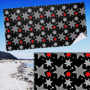 Black White Checked Striped & Red Stars on Black Beach Towel
