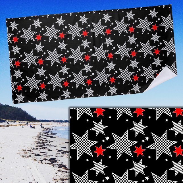 Black White Checked Striped & Red Stars on Black Beach Towel (Creator Uploaded)