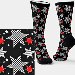 Black White Checked Striped & Red Stars on Black Socks