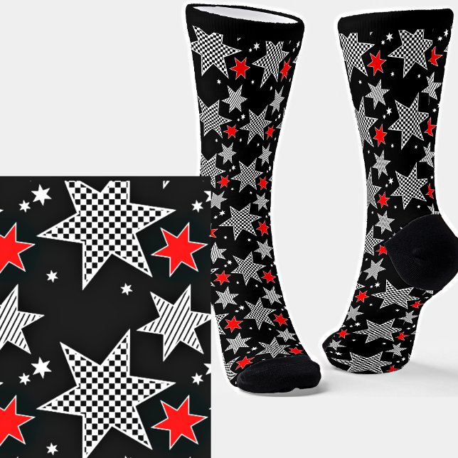 Black White Checked Striped & Red Stars on Black Socks (Creator Uploaded)