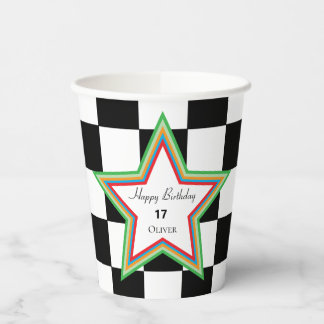 Black White Checkered Happy Birthday Paper Cups