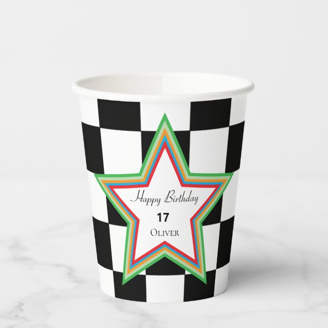 Black White Checkered Happy Birthday Paper Cups (Left)