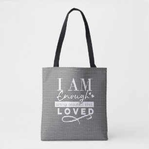 Black/White Checkered "I AM LOVED" tote Bag