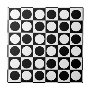Black White Checkered Polka Dots  Ceramic Tile