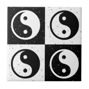 Black White Checkered Yin-yang Zen Block Print Ceramic Tile