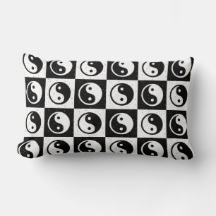 Black White Checkered Yin-yang Zen Block Print Lumbar Cushion