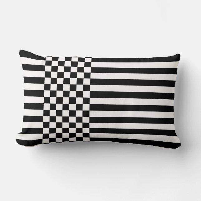 Black & White Checkers & Stripes Pattern Lumbar Cushion (Front)