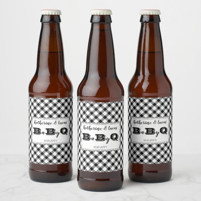 Black | White Checks Baby Q BBQ Shower Beer Bottle Label (Bottles)