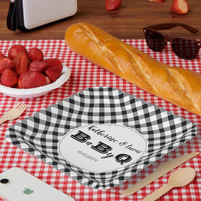 Black | White Checks Baby Q BBQ Shower Paper Plate (Picnic)