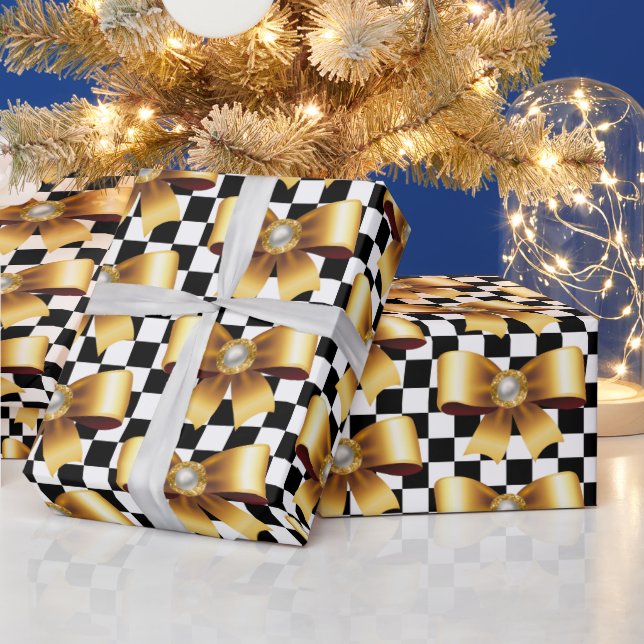 Black & White Checks & Gold Pearl Bow Wrapping Paper (Holidays)