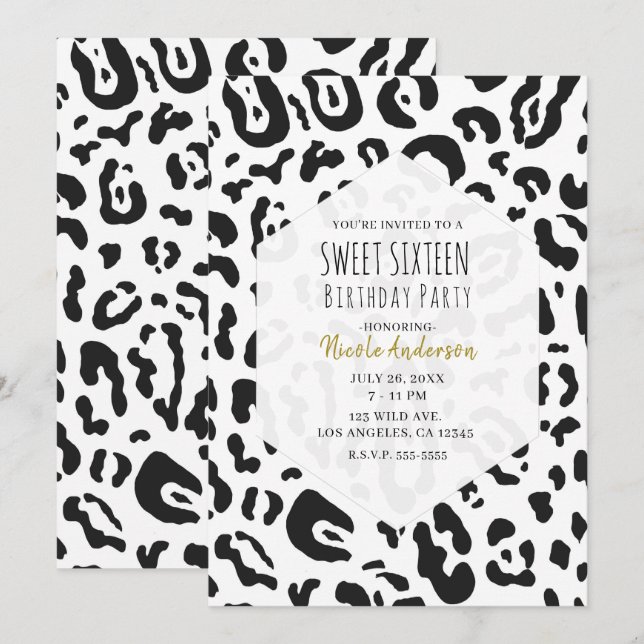 Black & White Cheetah Leopard Sweet 16 Party Invitation (Front/Back)