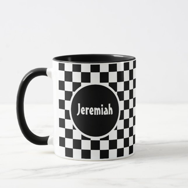 Black & White Chequerboard Artwork with Monogram Mug (Left)