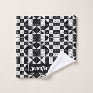 Black & white chequerboard floral Custom Name Wash Cloth