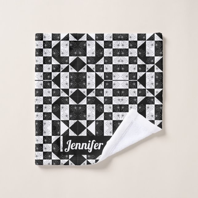 Black & white chequerboard floral Custom Name Wash Cloth (Wash Cloth)