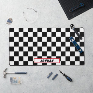 Black White Chequerboard Pattern Personalised Desk Mat