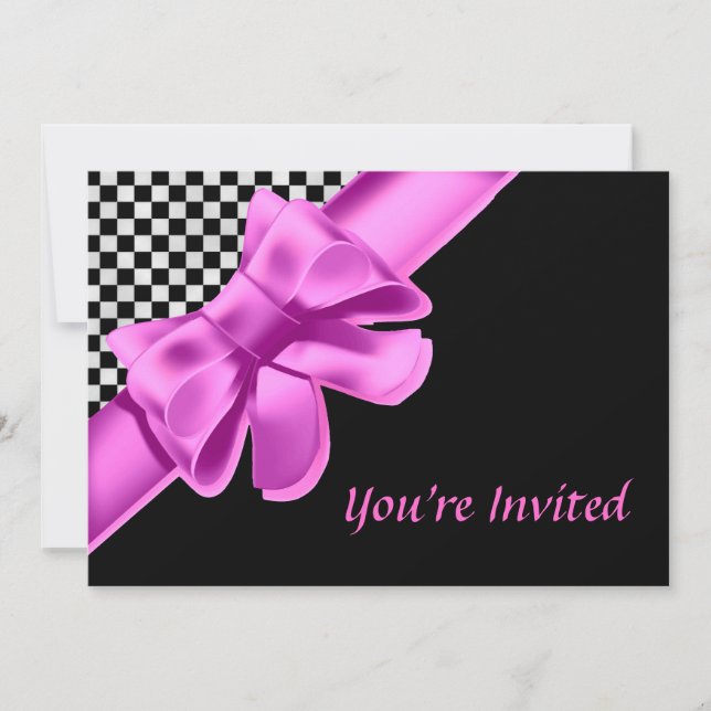 Black & White Chequerboard Pink Bow Invitation (Front)