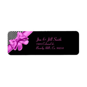 Black & White Chequerboard Pink Bow Return Address Label