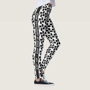Black  & White Chequered Black Side Strip Text Leggings