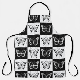 Black White Chequered Butterfly Design Apron