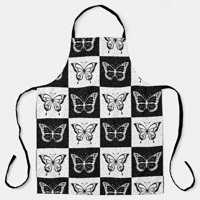 Black White Chequered Butterfly Design  Apron (Front)