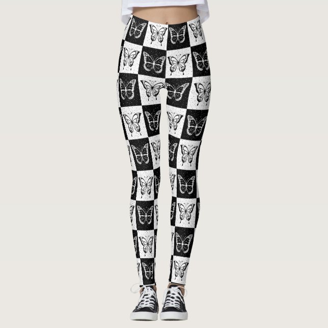 Black White Chequered Butterfly Design  Leggings (Front)
