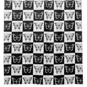 Black White Chequered Butterfly Design  Shower Curtain