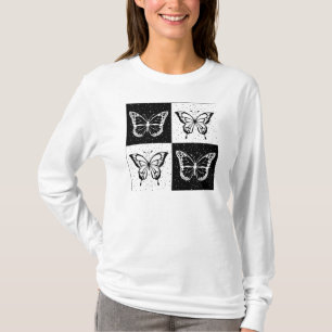 Black White Chequered Butterfly Design T-Shirt