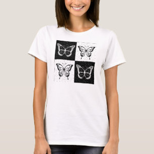 Black White Chequered Butterfly Design  T-Shirt