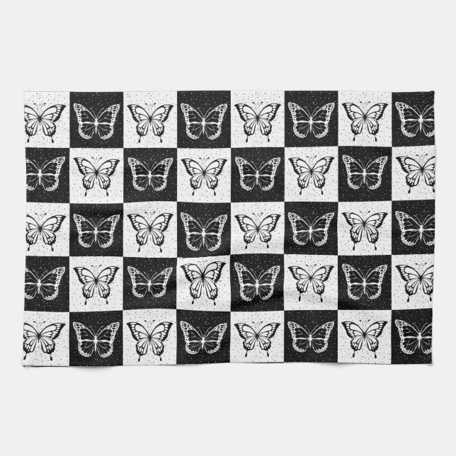 Black White Chequered Butterfly Design  Tea Towel (Horizontal)