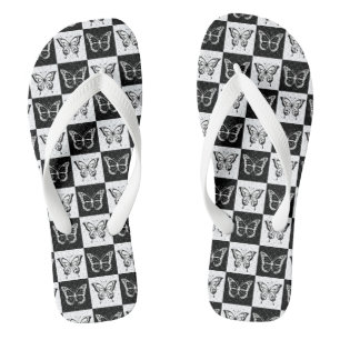 Black White Chequered Butterfly Design  Thongs