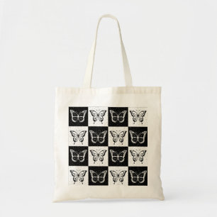 Black White Chequered Butterfly Design Tote Bag