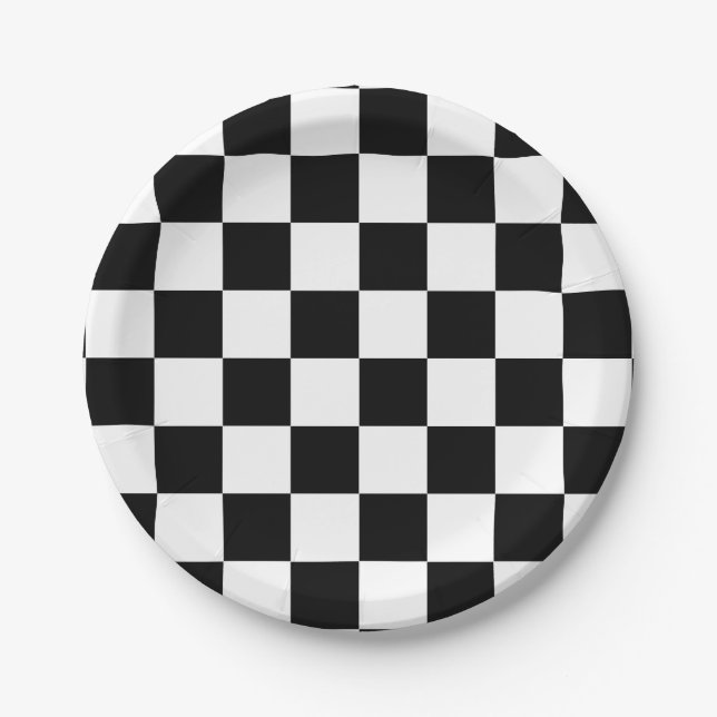 Black White Chequered Check Pattern Paper Plate (Front)