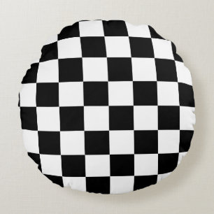 Black White Chequered Check Pattern Round Cushion