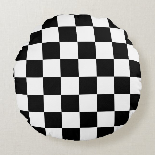 Black White Chequered Check Pattern Round Cushion (Front)