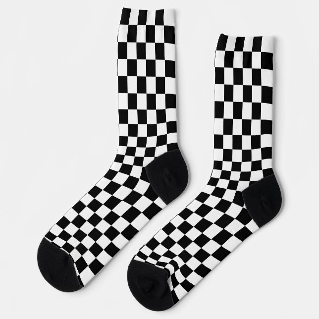 Black White Chequered Check Pattern Socks (Left)