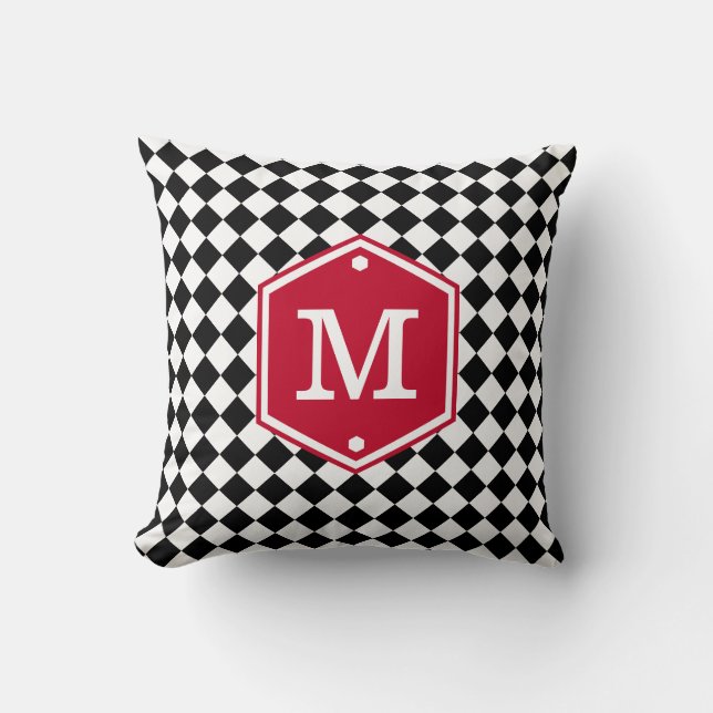 Black & White Chequered | Cherry Red Monogram Cushion (Front)