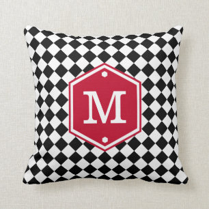 Black & White Chequered   Cherry Red Monogram Cushion
