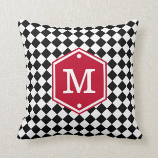 Black & White Chequered | Cherry Red Monogram Cushion
