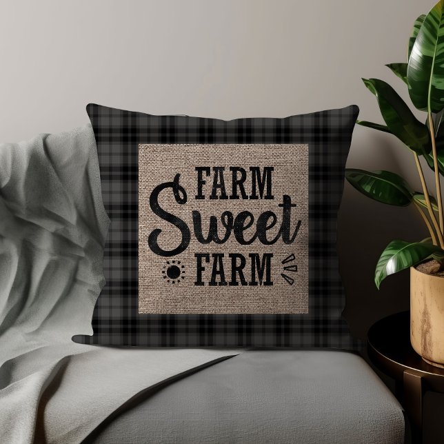 Black White Chequered Farm Sweet Farm Burlap Cushion (Black checkered and burlap "Farm sweet farm" decorator pillow)