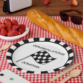 Black White Chequered Flag Race Name Personalised Paper Plate