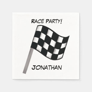 Black White Chequered Flag Race Party Name Napkin