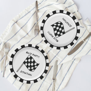 Black White Chequered Flag Race Party Name Paper Plate