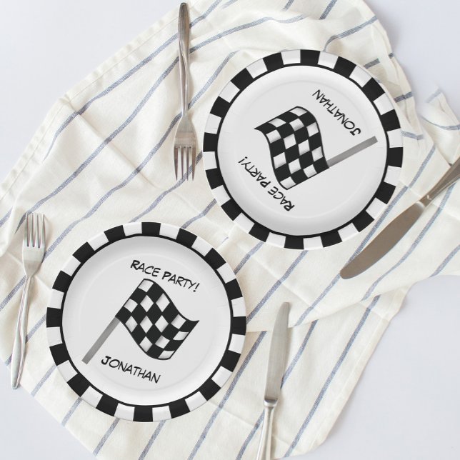 Black White Chequered Flag Race Party Name Paper Plate (Creator Uploaded)