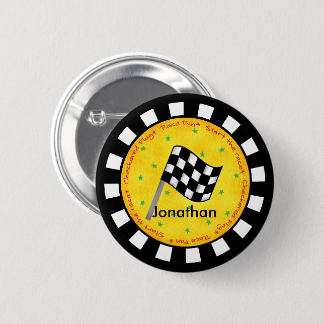 Black White Chequered Flag Round Name Badge (Front & Back)