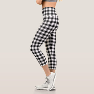 Black White Chequered Gingham Plaid Pattern Capri Leggings