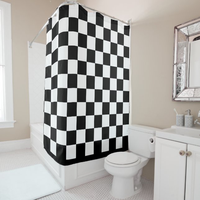 Black & White Chequered Pattern Shower Curtain (In Situ)